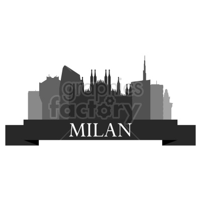 A monochrome clipart image of Milan's skyline, featuring prominent buildings and landmarks with the name 'MILAN' displayed beneath it on a ribbon banner.