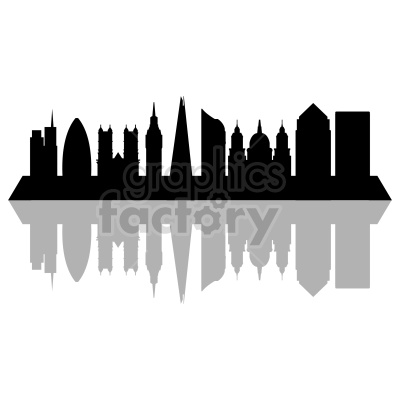 A black silhouette of a city skyline with prominent buildings, reflected below in a lighter shade of gray.