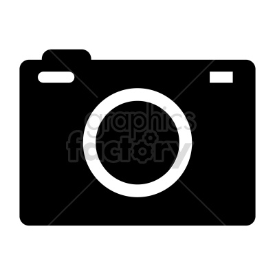 A black and white clipart image of a camera icon featuring a large lens in the center and a flash in the upper right corner.