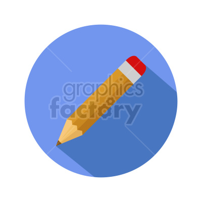 Clipart image of a yellow pencil with a red eraser in a blue circular background.