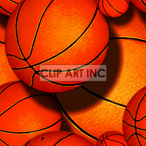   The clipart image shows a basketball, which is a round ball used in the sport of basketball. The ball is shown with black lines on an orange background. There are other basketballs in the picture as well, of varying sizes
 