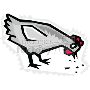 The image is a stylized clipart featuring a grey chicken, likely a hen, pecking at feed on the ground. The chicken is depicted in a simple, graphic style with bold outlines and minimal detail, capturing the essence of farm life and poultry behavior.