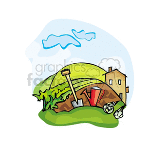 The clipart image depicts a stylized illustration of a rural scene, featuring a house in the background on the right, with rolling green hills that could suggest fields or farmland. In the foreground, there is a shovel stuck into the ground, a red bucket or watering can, and a few unidentifiable green plants, which imply gardening or agricultural activities. There are also a couple of white birds or doves in flight in the blue sky, adding to the bucolic feel of the scene.