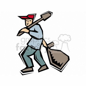 Gardener dragging a bag and carrying a shovel