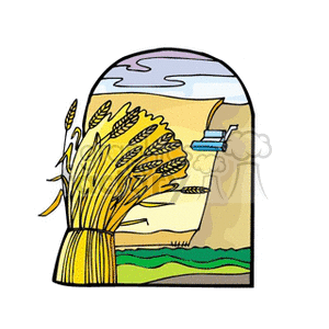 The clipart image features a bundle of golden wheat in the foreground with a stylized agricultural scene in the background. The background depicts a rolling wheat field under a partly cloudy sky, with a combine harvester in the distance, indicating an ongoing harvest.