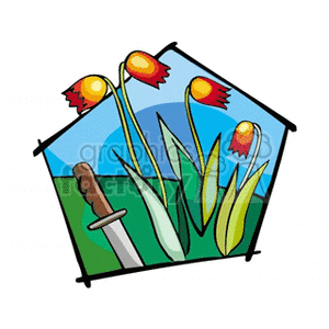 This clipart image contains stylized red tulips with yellow accents, depicted within an outline of a house. The flowers are green and are accompanied by a gardening tool, suggesting a focus on horticulture or home gardening.