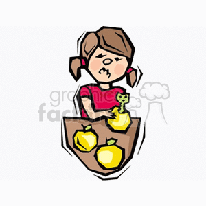   The clipart image depicts a girl with a displeased expression on her face holding a bitten apple with a worm peeking out from it. There are more apples in the box she is holding, suggesting a theme of picking or sorting fruit with an unpleasant surprise encounter. The style is cartoonish, suitable for educational or children