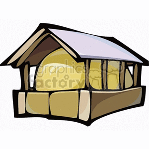 The clipart image depicts a simple farm shed with a gabled roof that is housing several large bales of hay or straw. The structure appears to be open on the sides for easy access and is typically found on a farm for storing fodder for livestock.