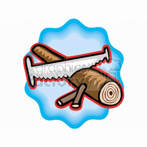 The clipart image displays a two-person crosscut saw positioned over a wooden log, indicating the action of sawing through timber.