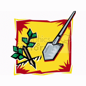 In the clipart image, there is a stylized, colorful depiction of a shovel positioned diagonally across the frame, with its blade in the ground. Behind the shovel, there is a plant sprouting with several green leaves, indicating a young seedling starting to grow. The background is comprised of a yellow square with what looks like a red outline, giving a sense of energy or emphasis to the gardening theme of the illustration.