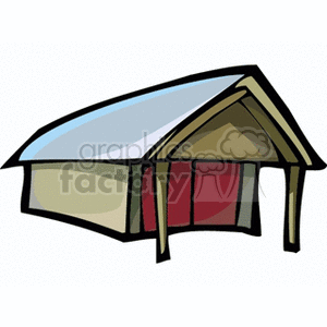 The image is a clipart illustration of a simple barn or shed with a slanted roof, typical of what might be found on a farm for storing tools, feed, or housing livestock.