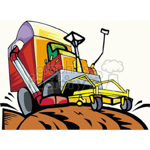   The image is a colorful clipart illustration of a yellow tractor with a mowing attachment cutting through what appears to be a brown surface, which might represent soil or grass. Behind the driver