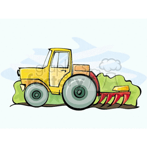 The clipart image shows a cartoon-style yellow tractor with a plow attachment at the back, indicating that it is being used for tilling soil or plowing a field. The tractor appears to be in the act of farming, demonstrating the agricultural process of preparing the land for planting.