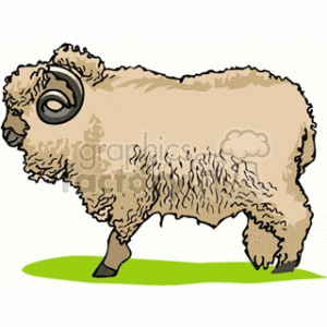 The image is a clipart representation of a ram, which is a male sheep known for its large, curved horns. The ram is depicted in profile, with prominent horns and a full fleece of wool. It is standing on a small patch of green, which may suggest grass or pasture, but there are no mountains visible within this image. The style is simplified and cartoonish, which is common for clipart.