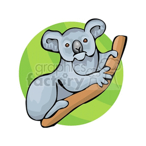The clipart image features a stylized depiction of a koala bear. The koala is shown climbing on a tree branch, which is set against a circular green background that gives the impression of foliage or a tree canopy. The koala is characterized by its large ears and distinctive nose, typical of the species native to Australia. 