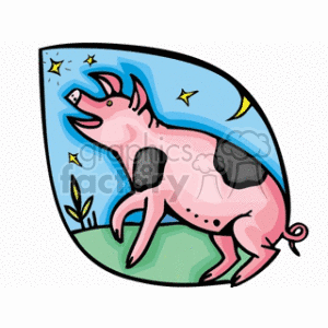   The clipart image contains a stylized, cartoonish pink pig. The pig appears to be happy and is jumping or frolicking. It