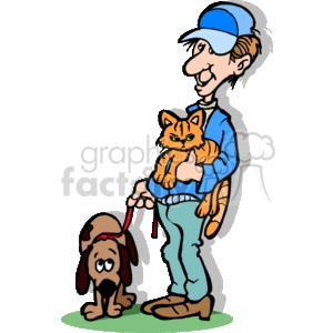 The clipart image shows a man with a blue baseball cap on, holding an orange cat in his arms. He has a dog on a red lead as well. It indicates either a pet lover, or someone who cares for pets (i.e a pet sitter or walker)