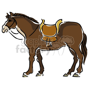 The clipart image shows a drawing of a cartoonish brown horse. It is standing on all four legs. It has a light brown saddle on and reigns 