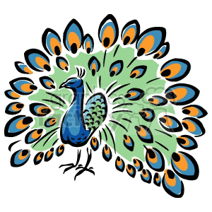 The image depicts a stylized clipart of a peacock with its tail feathers fully spread out in a typical display pattern. The peacock is illustrated with vibrant blue and green colors on its body and a pattern of eye-like designs in blue, orange, and black on the tail feathers.