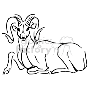 The image is a line art clipart of a ram. The ram is depicted lying down, with its head turned towards the viewer. It features the characteristic large, curved horns that rams are known for, and the outline captures the body shape, ears, and facial features of the animal. The style is simplified and lacks internal detail, which is typical for clipart.