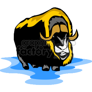The clipart image features a stylized representation of a large, powerful bovine animal similar to a buffalo or bison. It appears to be standing in water, as indicated by the blue coloration beneath it. The animal has a shaggy mane that is highlighted in yellow, sharp curved horns, and a dark body. This image simplifies and exaggerates certain features for artistic effect, typical of clipart.
