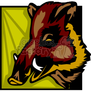 The image is a stylized clipart of a wild boar's head. It has prominent tusks, characteristic of boars, and the coloring suggests it's possibly an African species. The boar's facial features are highlighted, offering a close-up view, and the color scheme includes browns, reds, and yellows, which give it a distinct and bold appearance. The background is a simple green panel that contrasts with the boar.