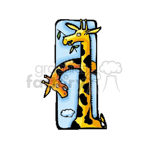 This image features two cartoon giraffes with exaggeratedly long necks. The giraffes are stylized with typical giraffe markings and are positioned vertically with one giraffe facing upward and the other facing downward. The background appears to be a simplistic blue sky with clouds.