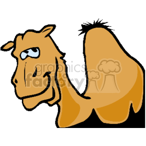 The clipart image shows a cartoon-style camel with two humps walking in a desert landscape. The camel is an African animal known for its ability to store water in its humps, which allows it to survive in arid environments like the desert.

