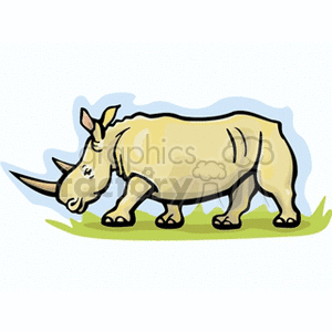 The clipart image features a cartoon-styled depiction of a rhinoceros standing on a patch of grass. It is a simplified and stylized representation suitable for various educational materials, children's books, or graphic designs.