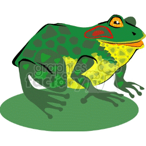 The clipart image depicts a stylized representation of a green frog with a yellow belly, sitting on a light green surface. The frog has prominent black spots, a red patch around its eye, and a yellow underside with textural details suggesting a granular skin texture typical to some frogs and toads.