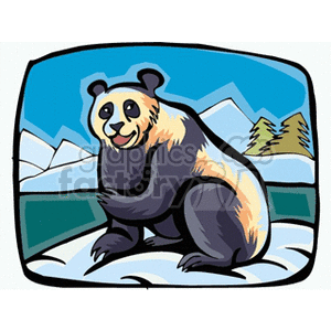 The clipart image shows a stylized illustration of a panda bear, which is a species also known as the giant panda and is native to China. The panda is depicted in a seated position with a background that includes a mountainous landscape, suggesting its natural habitat. The colors used are bright and the drawing has bold outlines, typical of clipart style.
