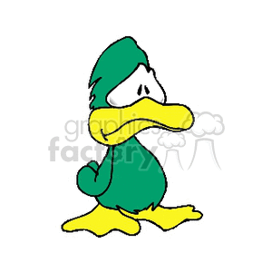 The image is a clipart featuring a cartoon bird that resembles a duck. It has a sad or disappointed expression, with its head down and eyes looking unhappy. The duck is standing with one hand behind its back, and it appears to be in a dejected or forlorn pose.