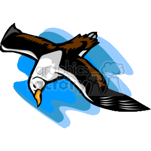 The clipart image shows a stylized depiction of an albatross in mid-flight. The albatross appears to have brown and white plumage with a distinctive orange beak. It's set against a background that includes blue shapes, which could suggest the sky or water behind the bird. The albatross's wings are spread wide, highlighting its characteristic long, narrow wings which are adapted for gliding over the ocean.