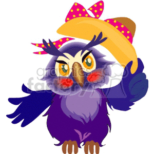 A colorful clipart image of a cartoon owl wearing a pink polka-dotted bow and holding a yellow hat.