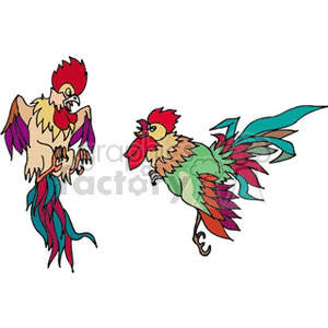 Clipart image of two colorful roosters in different poses with vibrant feathers.