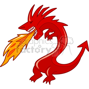 Clipart image of a red dragon breathing fire, with sharp teeth and an arrow-tipped tail.