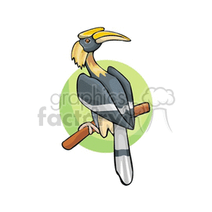 A colorful clipart image of a hornbill bird perched on a branch with a green circular background.