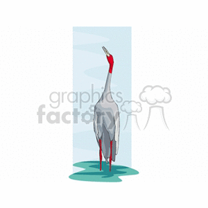 This clipart image features a standing crane bird, characterized by its long neck, red head, and gray body. The bird is positioned on a green patch which could be indicative of water or land.