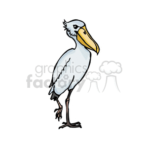 Clipart image of a white stork with a yellow beak, standing on one leg.