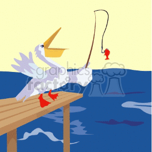 A playful clipart of a pelican standing on a pier holding a fishing rod with a small red fish on the line above the ocean.