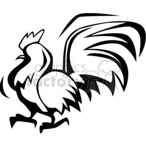 A black and white clipart image of a rooster with a stylized, dynamic design.