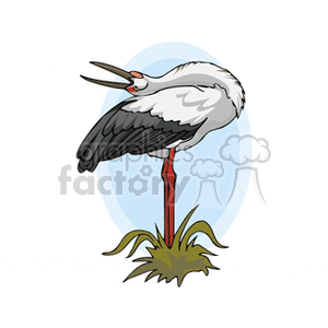 Clipart image of a stork standing on one leg with background vegetation.