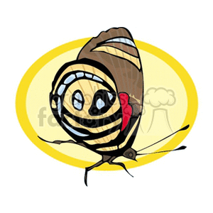 The image is a cartoon-style clipart of a butterfly. The butterfly has large eyes and stylized wings with various patterns including stripes and spots. It has a small body and antennae, with the illustration set against a circular yellow background that highlights the figure.