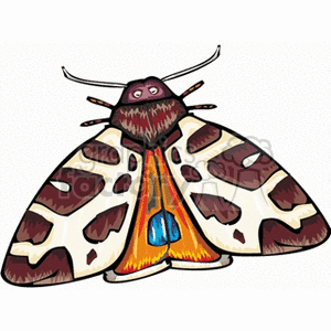 The image displays a colorful illustrated butterfly with spotted wings predominantly in shades of brown, white, and a touch of orange and blue near the lower part of its wings. The antennae are long and prominent, extending out from the top of the head.
