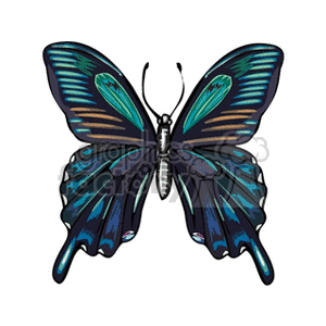The clipart image features a stylized butterfly with spread wings. The wings have a predominantly blue color with patterns of green, black, and a touch of orange around the body and wingtips.