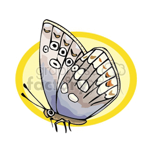 The image shows a stylized illustration of a butterfly. The butterfly has patterned wings with spots of orange and what appears to be shades of blue and gray. Its body is slender with protruding antennae at the top, characteristic of butterflies. The background is a simple yellow circle that helps to highlight the butterfly.