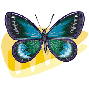 This clipart image features a blue and green butterfly with its wings spread open, set against a simple, abstract yellow and white background. The butterfly appears to be illustrated in a vibrant and colorful style.