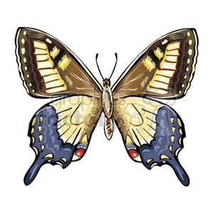 This clipart image depicts a colorful butterfly with its wings spread open. The wings have patterns that include shades of yellow, gold, and blue, with black outlines and spots, and there are red accents on the lower wings. The butterfly's body is slender with small antennae on its head.