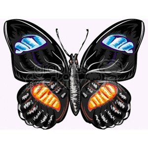 The image is a clipart of a butterfly with predominantly black wings that have patterns of blue, orange, and white.