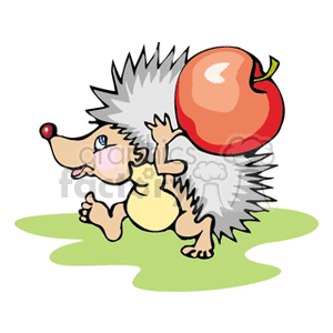 The image is a clipart illustration of a cartoon hedgehog walking on all fours. The hedgehog has a spiky back and is carrying a red apple on its back. It has a cute expression, with a visible smile and a little blush on its cheeks.
